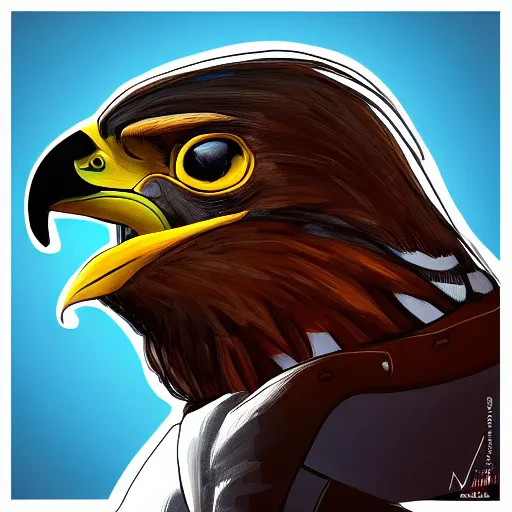Image similar to profile picture of a falcon in sci-fi clothing looking smug, quarter view, close up, digital drawing, trending on artstation
