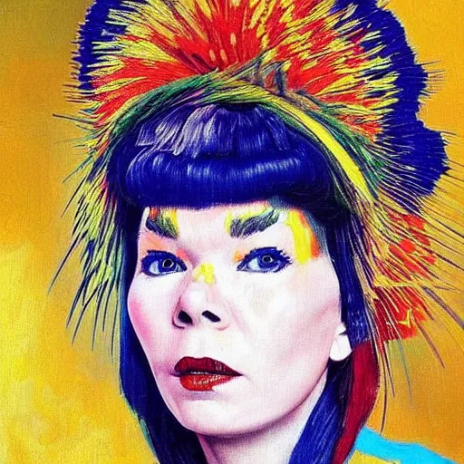 Image similar to very very very detailed and colorful portrait of bjork, painted by van gogh, beautiful