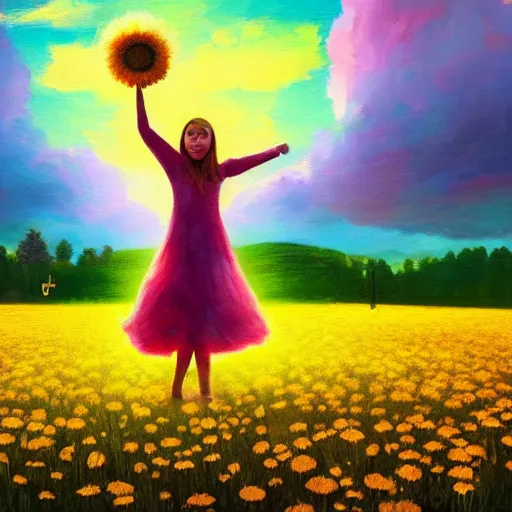 Image similar to giant daisy flower as head, girl dancing in a flower field, surreal photography, sunrise, dramatic light, impressionist painting, colorful clouds, digital painting, artstation, simon stalenhag