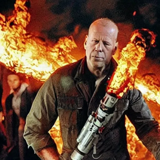 Image similar to Bruce Willis using a flamethrower to fight off a crowd of zombies, promo poster for new movie directed by George Romero