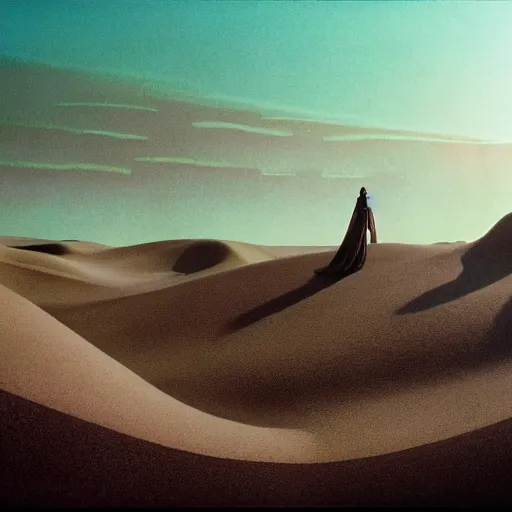 Image similar to colour aesthetic highly detailed photography scene arakis from dune ( 2 0 2 1 ) by alejandro hodorovski and denis villeneuve and gregory crewdson style characters with ultra hyperrealistic very highly detailed faces. with many details by andrei tarkovsky and caravaggio in sci - fi style. volumetric natural light hyperrealism photo on leica m - a kodak portra 4 0 0