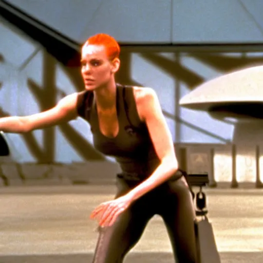 Image similar to The matrix, LeeLoo, Starship Troopers, Sprinters in a race, The Olympics footage with crowd cheering, intense moment, cinematic stillframe, french new wave, The fifth element, vintage robotics, formula 1, starring Geena Davis