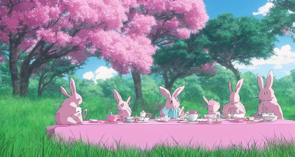 Prompt: 3 pink and teal colored bunnies having a tea party, by studio ghibli, makoto shinkai, cryengine 8 k uhd, beautiful nature anime illustration