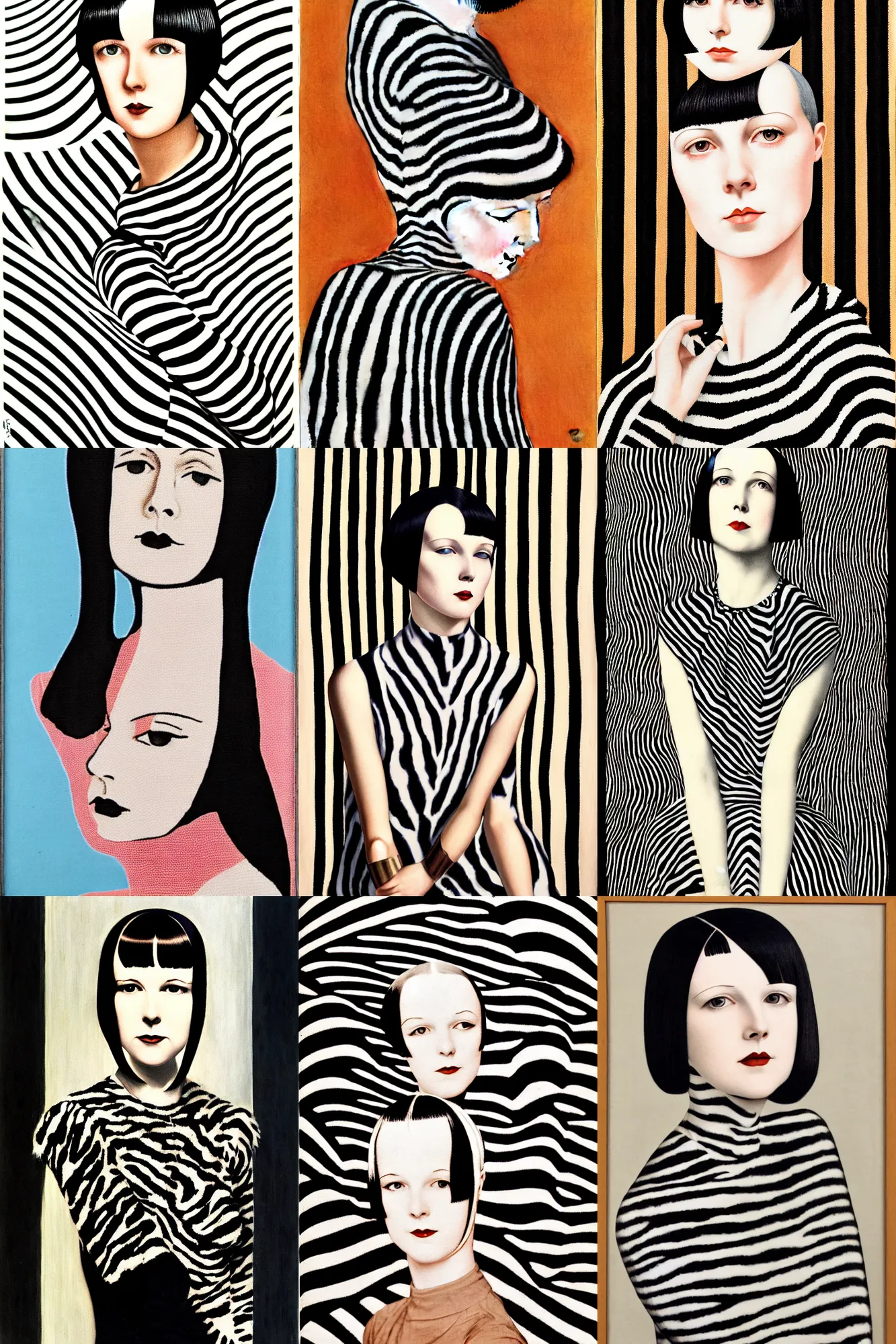 Prompt: portrait of 2 2 yeard old mary louise brooks, stripes and animal print op art, ross tan
