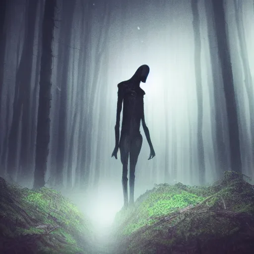 Prompt: a long shot of a ominous alien being standing in a forest, detailed, mythical, mist, depressing, tired, dark, lush, nature, mist, mystery, glows, somber, dismal, fog, heavy fog, dark lighting, rim light, glow, ambient light,