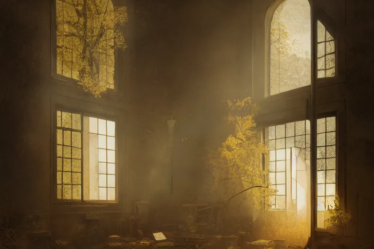 Image similar to the interior of an old abandoned house, an old oak tree grows inside the house, golden rays of sunlight enter through the window, digital art, trending on artstation, matte painting, concept art, drawn by greg rutkowski, inspired by johannes vermeer, warm colors