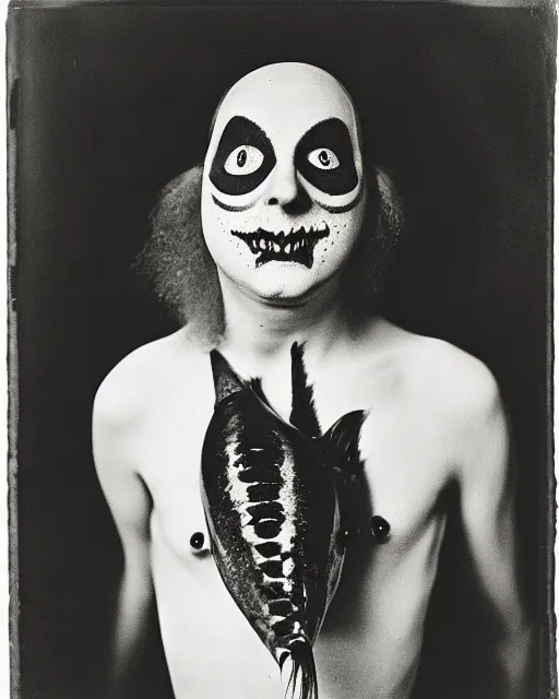 Prompt: monochrome studio portrait photograph of manfish the half - man half - fish sideshow freak, by diane arbus, very coherent, iconic