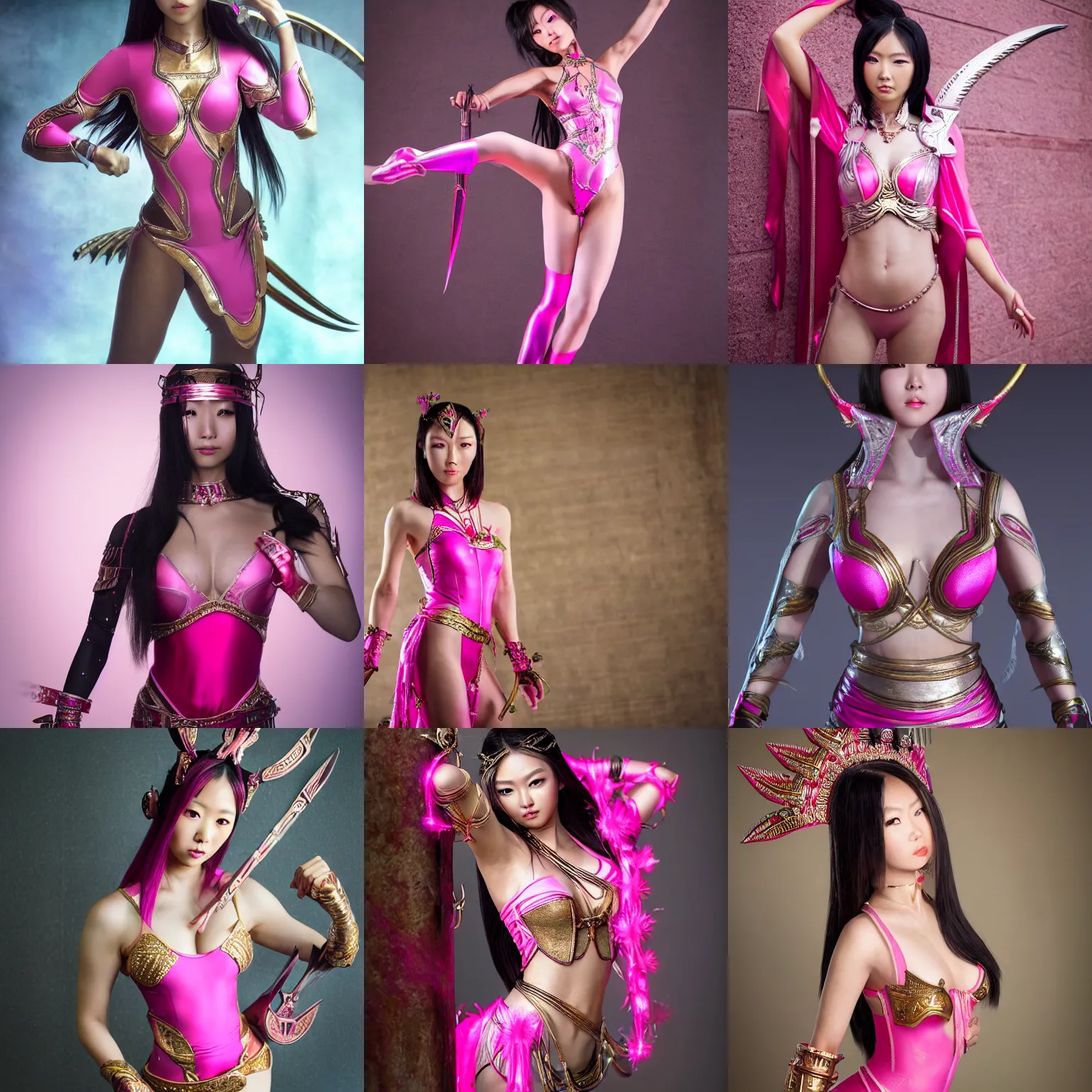 Prompt: irelia, the blade dancer, wearing pink bodysuit with metal ornaments, asian descent, elegant, graceful, highly detailed, 8 k hdr photograph