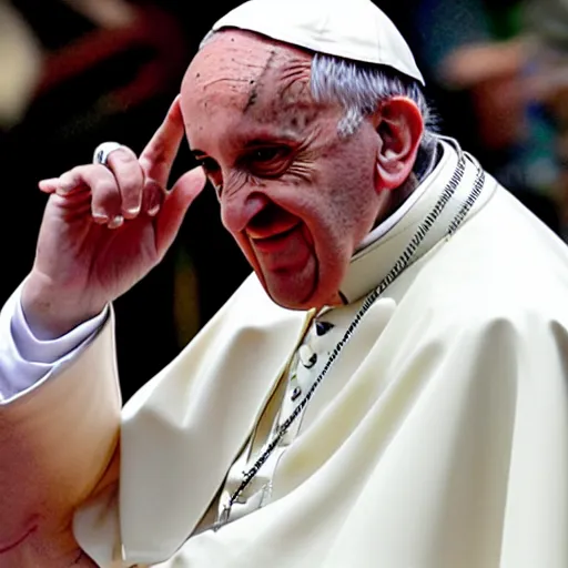 Prompt: Pope Francis becoming a trapper rapper with many tattoos on the face