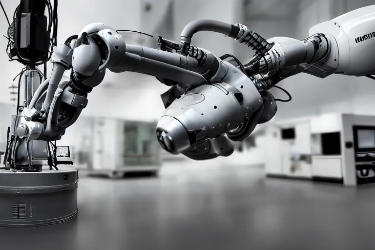 Image similar to a high detailed picture of an mobile industrial robot, photo realistic, 8k, published in a scientific journal