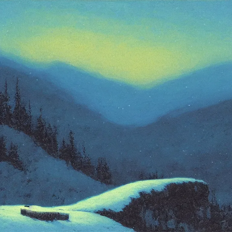 Image similar to new hampshire, mountains, winter, night, luminous, teal palette, arkhip kuindzhi, glaze oil painting, christian mysticism