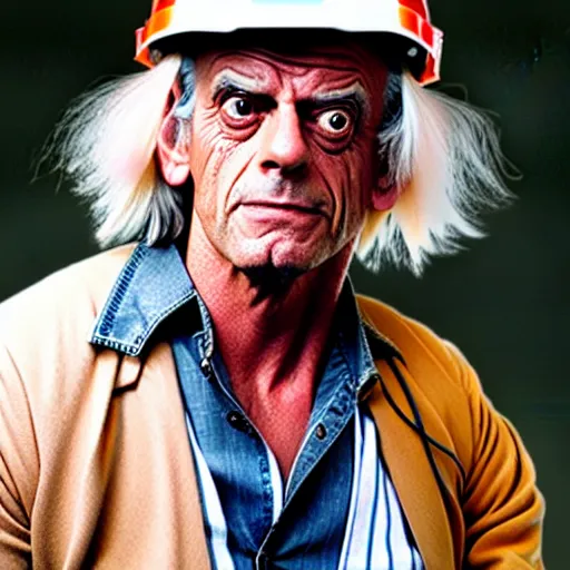 Prompt: a man who looks like christopher lloyd as doc brown back to the future, wearing a construction hat - h 7 6 8