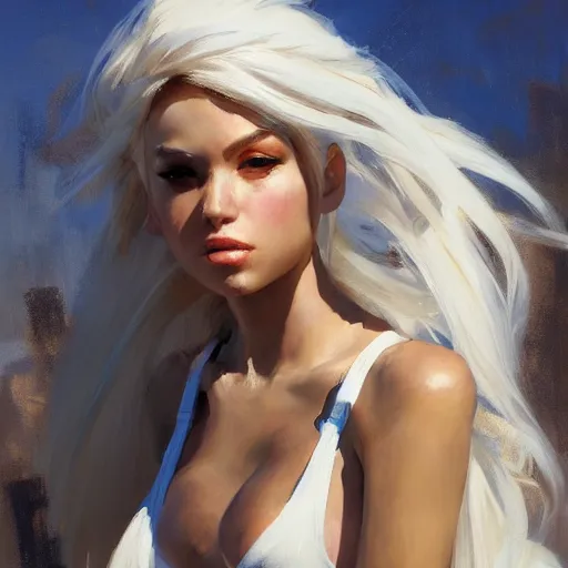 Image similar to greg manchess portrait painting of yorha type b no. 2 in a bikini, white long hair, organic painting, sunny day, matte painting, bold shapes, hard edges, street art, trending on artstation, by huang guangjian and gil elvgren and sachin teng