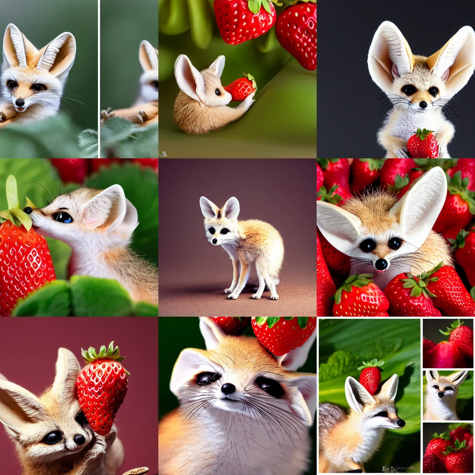 Prompt: a baby fennec sneezing onto a strawberry, detailed, macro, studio light, droplets, backlit ears