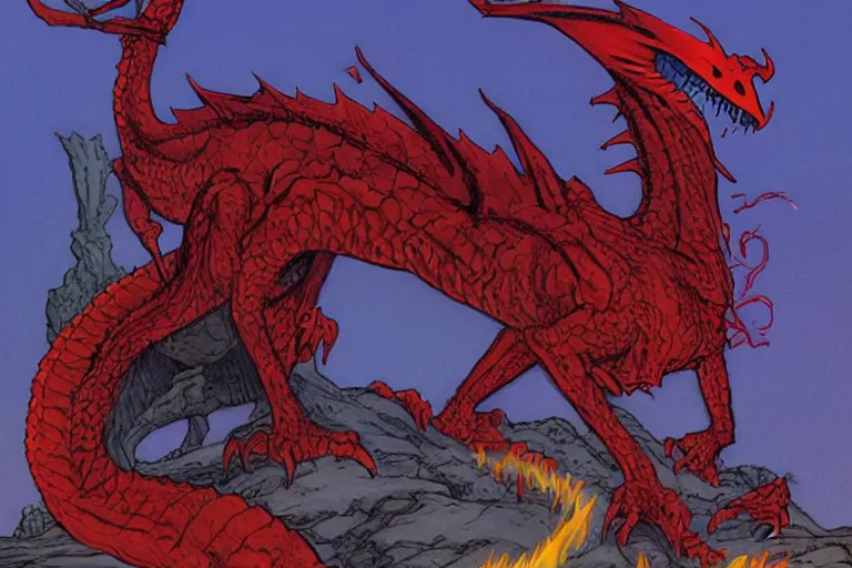 Image similar to red scaled dragon facing camera by larry elmore and vincent di fate