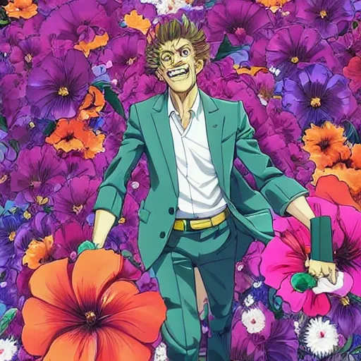 Prompt: willem dafoe, grinning, wearing a suit, posing, portrait surrounded by hibiscus flowers, jojo cover art, jojo anime style, david production, style of vento aureo cover art, style of stone ocean cover art, style of steel ball run cover art, style of jojolion cover art, ilya kuvshinov style, illustrated by hirohiko araki
