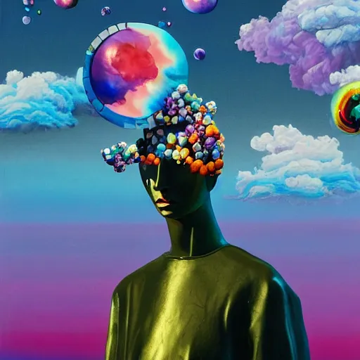 Image similar to surreal gouache painting, clouds, vaporwave marble statue, ruan jia, conrad roset, bubbles, orbs, incredibly detailed, floating molecules and a mannequin artist holding an icosahedron with stars, clouds, and rainbows in the background, retrowave, modular patterned mechanical costume headpiece, masterpiece, intricate, elegant