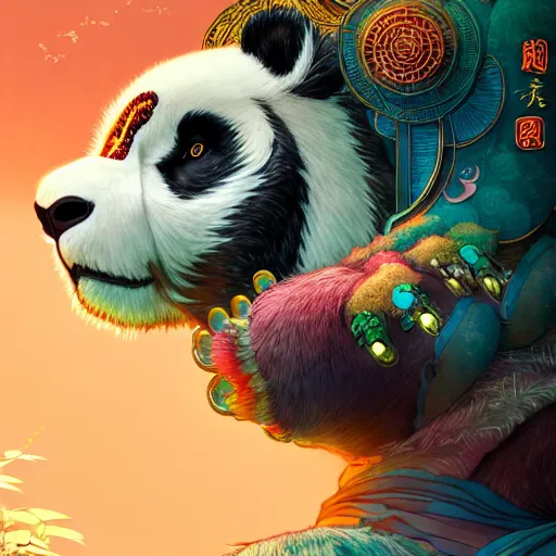 Image similar to a beautiful hyperdetailed character design 4 k wallpaper illustration of a cute panda with a chinese lion dance head victo ngai cyberpunk style, from china, style of studio ghibli, makoto shinkai, raphael lacoste, louis comfort tiffany, artgerm, james jean, ross tran, chinese style