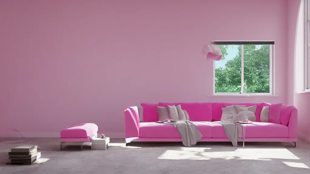 Image similar to pink velour sofa, white walls, daytime, soft light through blinds, pizza party, by herbert james harper, detailed, volumetric lighting, concept art, cinematic, 3 5 mm lens, 4 k