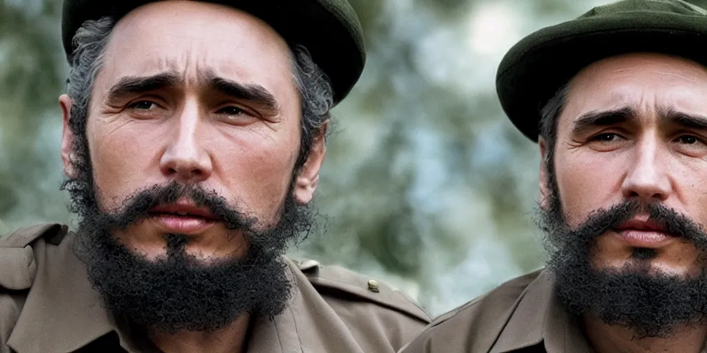 Image similar to James Franco as Fidel Castro in 'Cuba: The Movie' (2024), movie still frame, oscar nominated cinematography, volumetric lighting, 8k resolution, beautiful composition