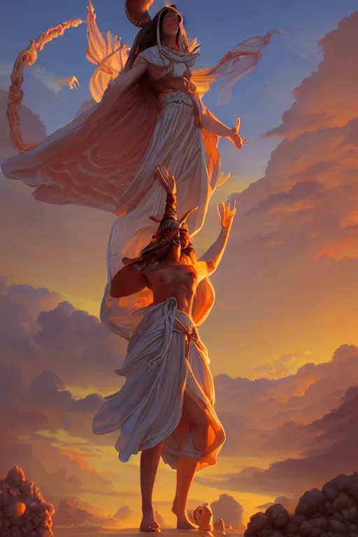 Image similar to the high Priestess of the sun god greets the rising sun, 8k resolution digital painting by Michael Whelan and Peter Mohrbacher, cinematic morning light