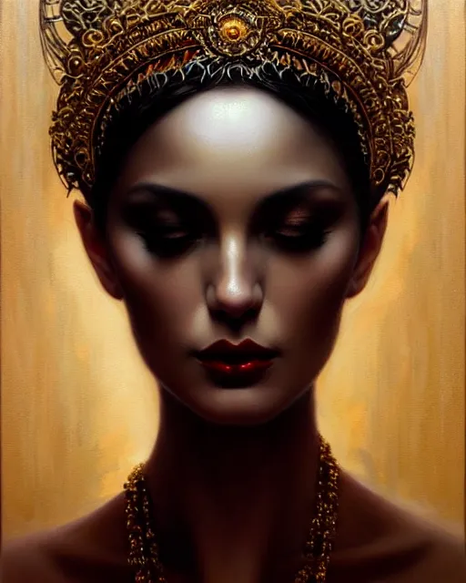 Prompt: portrait of a beautiful goddess, enigmatic beauty, dominant shades of black, gold silver, dark red, white, head in focus, fantasy art, ornamental aesthetics, intricate, elegant, highly detailed, hyperrealistic painting, artstation, concept art, painterly, sharp focus, illustration, art by karol bak