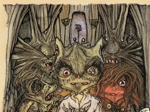 Prompt: gremlins in a castle by arthur rackham and by Tony DiTerlizzi and by brian froud