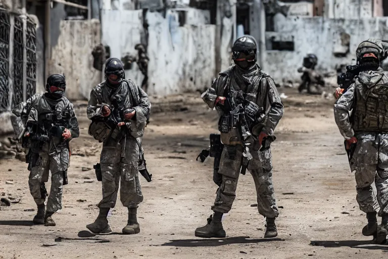 Image similar to Mercenary Special Forces soldiers in grey uniforms with black armored vest and black helmets in urban warfare in Cambodia 2022, Canon EOS R3, f/1.4, ISO 200, 1/160s, 8K, RAW, unedited, symmetrical balance, in-frame, combat photography