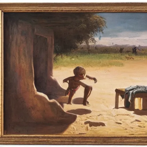 Prompt: a kid hidding under a chair from a lion in a post apolyptical desert, dramatic painting