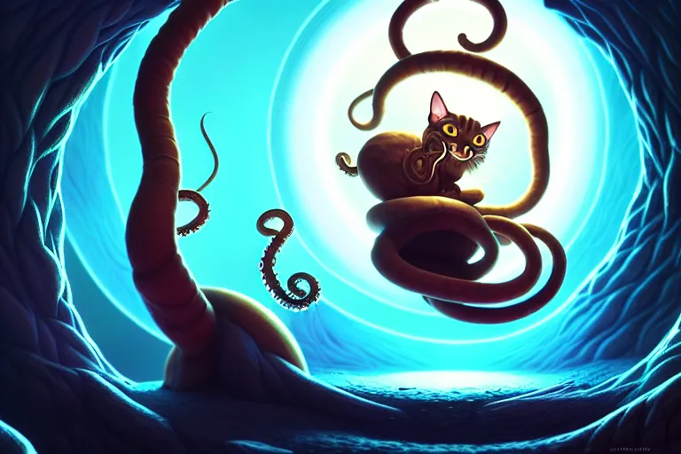 Prompt: the dark magician cats a portal, tentacles climb from the portal, peter mohrbacher style, ray tracing, octane render, cinematic, digital art, realistic, high quality, 8 k