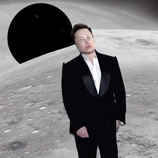 Image similar to elon musk in a suite sitting on the moon