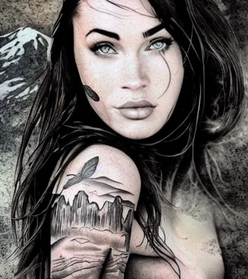 Prompt: realism tattoo sketch of a megan fox face double exposure photoshop with mountain scenery, in the style of matteo pasqualin, amazing detail, sharp, faded