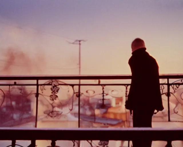 Image similar to lomo photo of pair standing on small hrushevka balcony full with cigarette smoke in small russian town looking at sunset, cinestill, bokeh