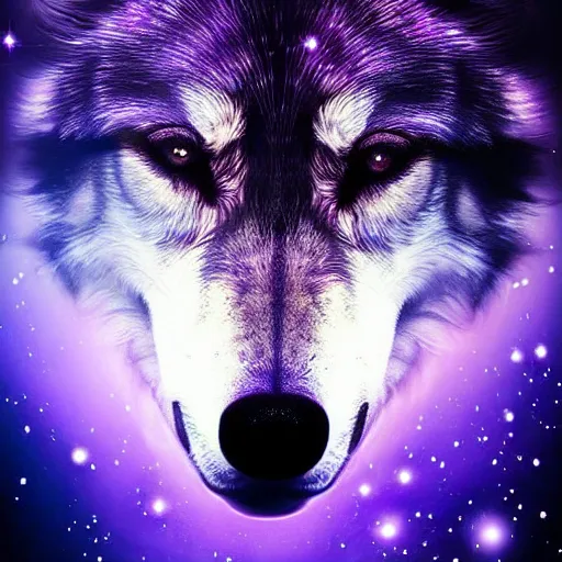 Prompt: of a fantasy sky of purple and blue a wolves face is the whole of sky with 5 0 % opacity and there are stars and galaxy ’ s and his eyes are piercing digital art epic cinematic lighting detailed