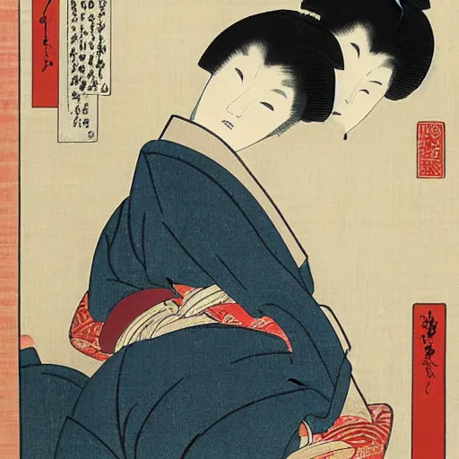 Image similar to japanese woodblock print by utamaro and hokusai,