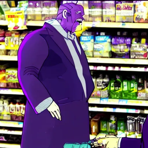 Prompt: thanos yelling at saul goodman in a supermarket