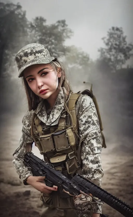 Prompt: portrait photo of a girl tank commander, highly detailed, dirt splash and smoke in the background, high resolution, cosplay photo, stunning, girls frontline style, bokeh soft, shot on 70mm, zenithal lightning, trending on instagram, by award winning photographer, realistic human anatomy, real human faces, realistic military carrier, soldier clothing, modern warfare, shouting and pointing the finger at the target, shot with a professional camera, low saturation, soldier clothing