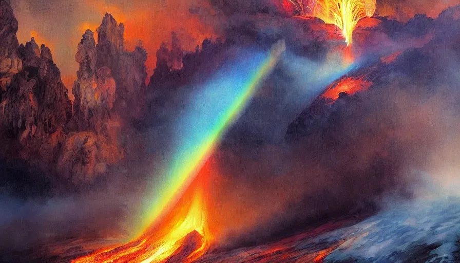 Prompt: rainbow from an erupting volcano at night, fantasy, intricate, elegant, highly detailed, digital painting, artstation, concept art, smooth, sharp focus, illustration, art by artgerm and H R Giger and alphonse mucha,