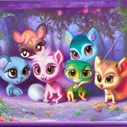 Image similar to 3d Littlest Pet Shop, forest, glitter, master painter and art style of Noel Coypel, art of Émile Eisman-Semenowsky, art of Édouard Bisson