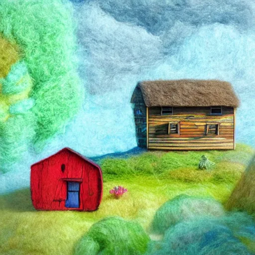 Image similar to small wooden house in the middle of spring forest, bright colours, watercolor, volumetric wool felting, macro photography, children illustration, by dan mcpharlin