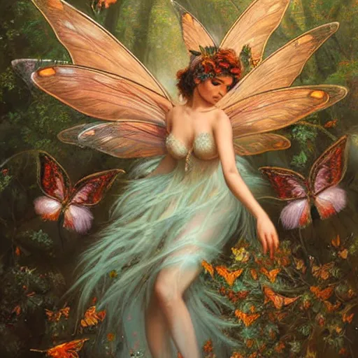Prompt: a highly detailed illustration of a fairy surrounded by butterflies in a redwood forest by Luis Ricardo Falero