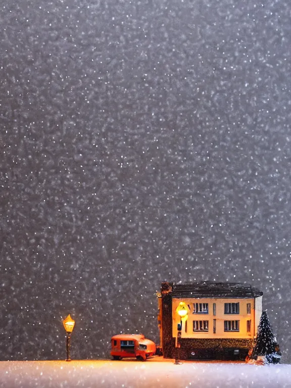Image similar to small diorama a soviet residential building, lights are on in the windows, dark night, two man fighting for bottle of vodka on yard in front of building, cozy atmosphere, fog, cold winter, snowing, streetlamps with orange volumetric light, birches nearby,