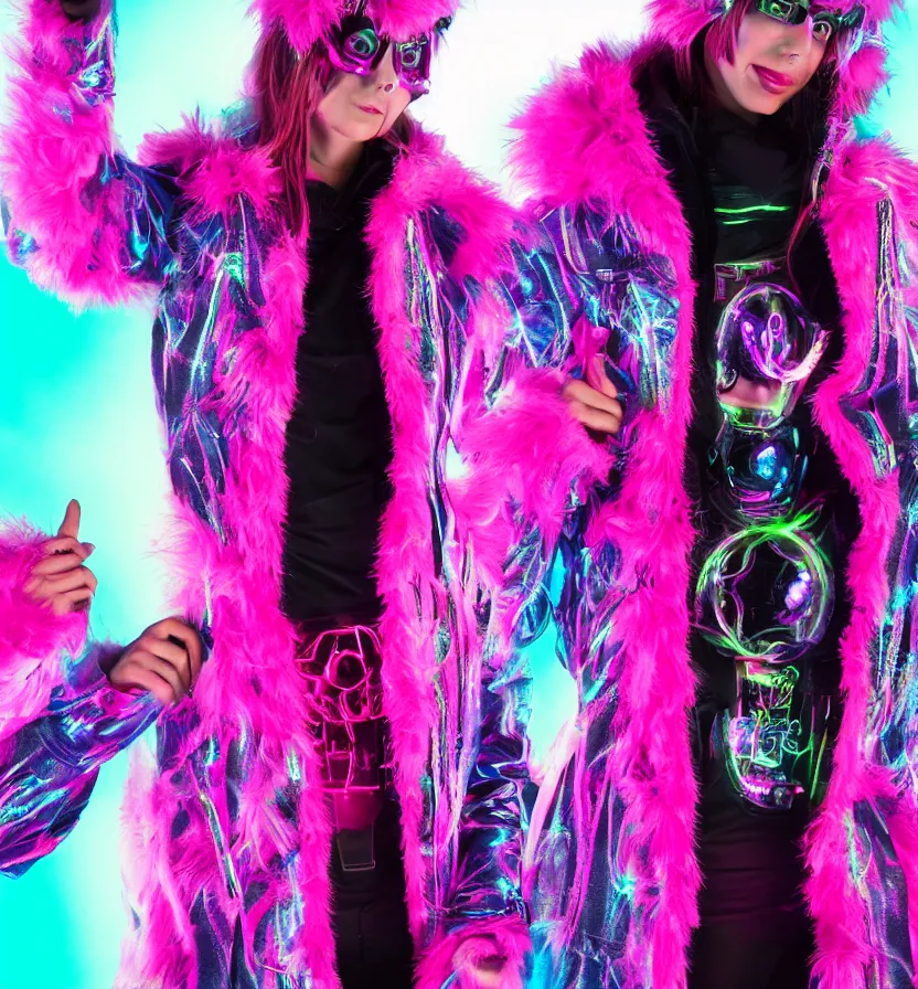 Image similar to autumn season rave jacket with led skin and fluffy lining in the style of cyberdog, futuristic psychedelic hippy, product shot, dark background, neon lighting