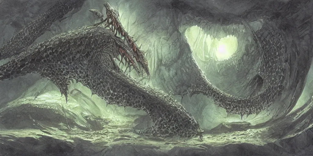 Image similar to artwork by john howe of the ruthless cavern leviathan