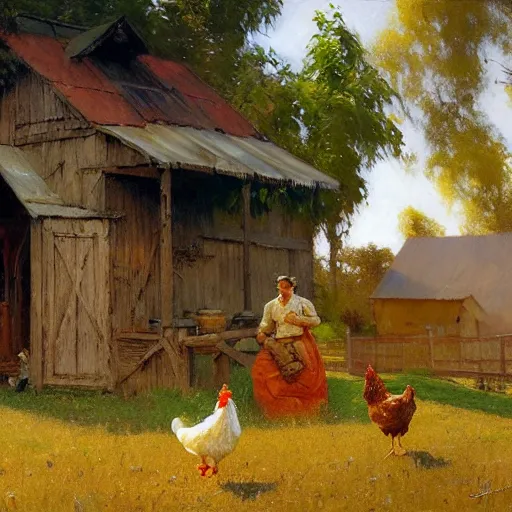 Image similar to chicken in the peaceful farm, highly detailed painting by gaston bussiere, craig mullins, j. c. leyendecker, 8 k