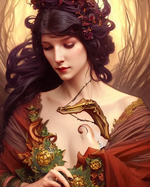 Prompt: beautiful sensual dark queen of the salvia art nouveau, D&D, fantasy, intricate, elegant, highly detailed, digital painting, artstation, concept art, matte, sharp focus, illustration, hearthstone, art by Artgerm and Greg Rutkowski and Alphonse Mucha