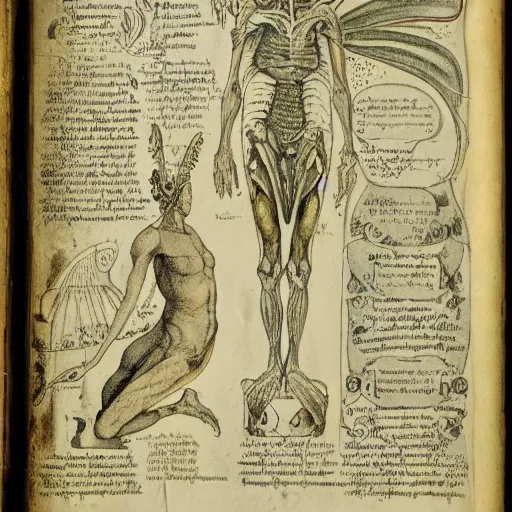 Image similar to page of an old anatomy book of fantastic creatures like leprechauns, fairies, dwarves and other, depicting the anatomy of a female magical fairy with golden green wings, long hair and elven features, old parchment