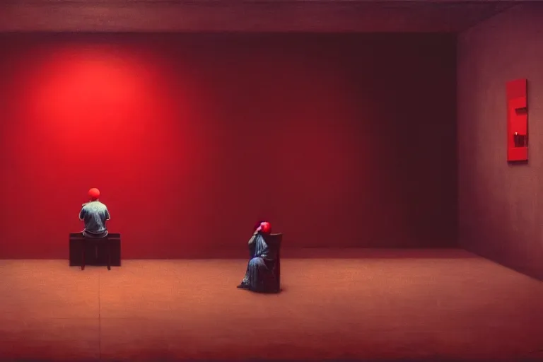 Image similar to only with red, netflix studios with workers, a big mickey mouse head in the middle of the room, in the style of beksinski, parts by edward hopper, parts by rodcenko, parts by yue minjun, intricate and epic composition, red by caravaggio, insanely quality, highly detailed, masterpiece, red light, artstation, 4 k