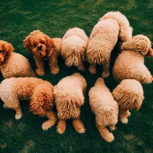 Image similar to a huge pile of 30 golden doodle dogs, photography