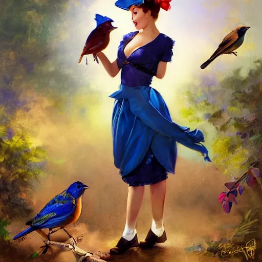 Image similar to pinup girl holding an indigo bunting, bird, the bird is wearing a crown and bowtie by greg rutkowski, rossdraws, gil elvgren, enoch bolles, anime, very coherent